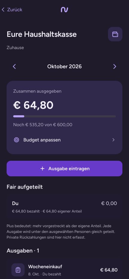 Echte App-Ansicht: Haushaltskasse mit Monatsbudget, Ausgaben und fairer Aufteilung