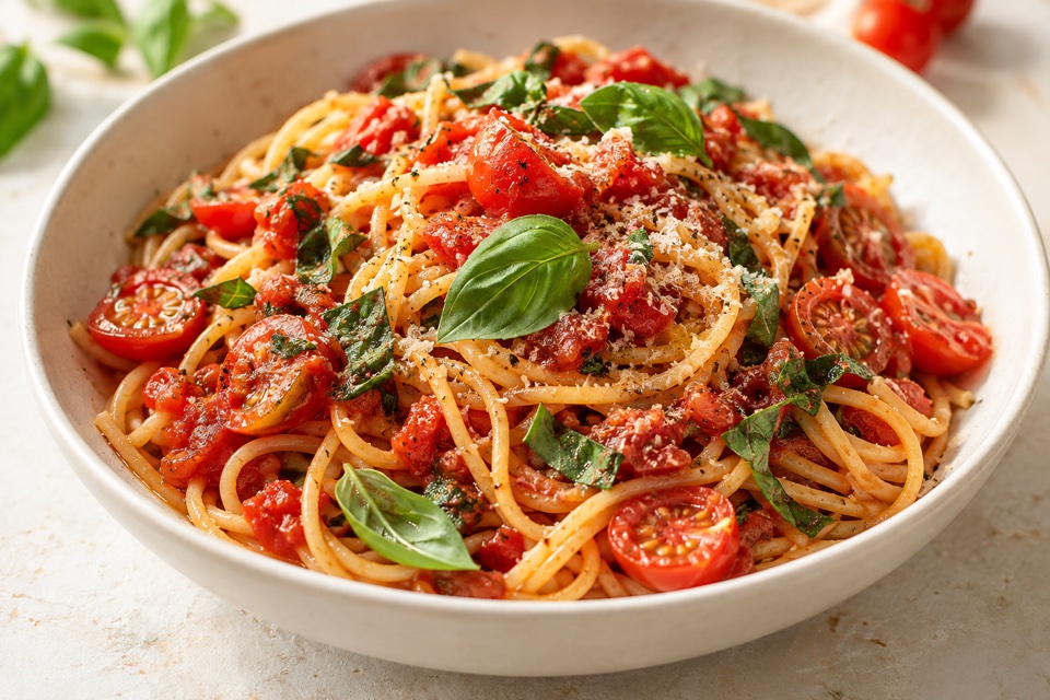 Tomatenpasta mit Basilikum als Beispiel für ein Rezept mit Einkaufsliste
